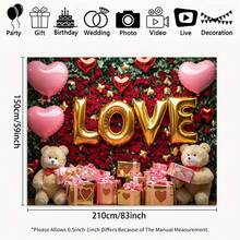 1 Romantic Valentine's Day Theme Polyester Background Fabric, Durable, Festive Red And White Decor With Heart Balloons, Roses, And Teddy Bears, Perfect For Store Windows Or Party Atmosphere - Multicolor - View 5