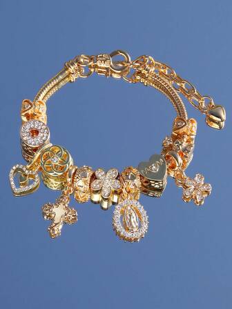 1 pieza Pulsera de mujer con colgante de flor, cruz y Virgen María con cuentas