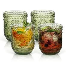 4 Pack Vintage Tumblers, 12 Oz Embossed Floral Glasses, Heavy Duty Colored Glassware For Whisky Beer Juice Cocktail, Drinking Cup Set - màu xanh lá - Xem 1