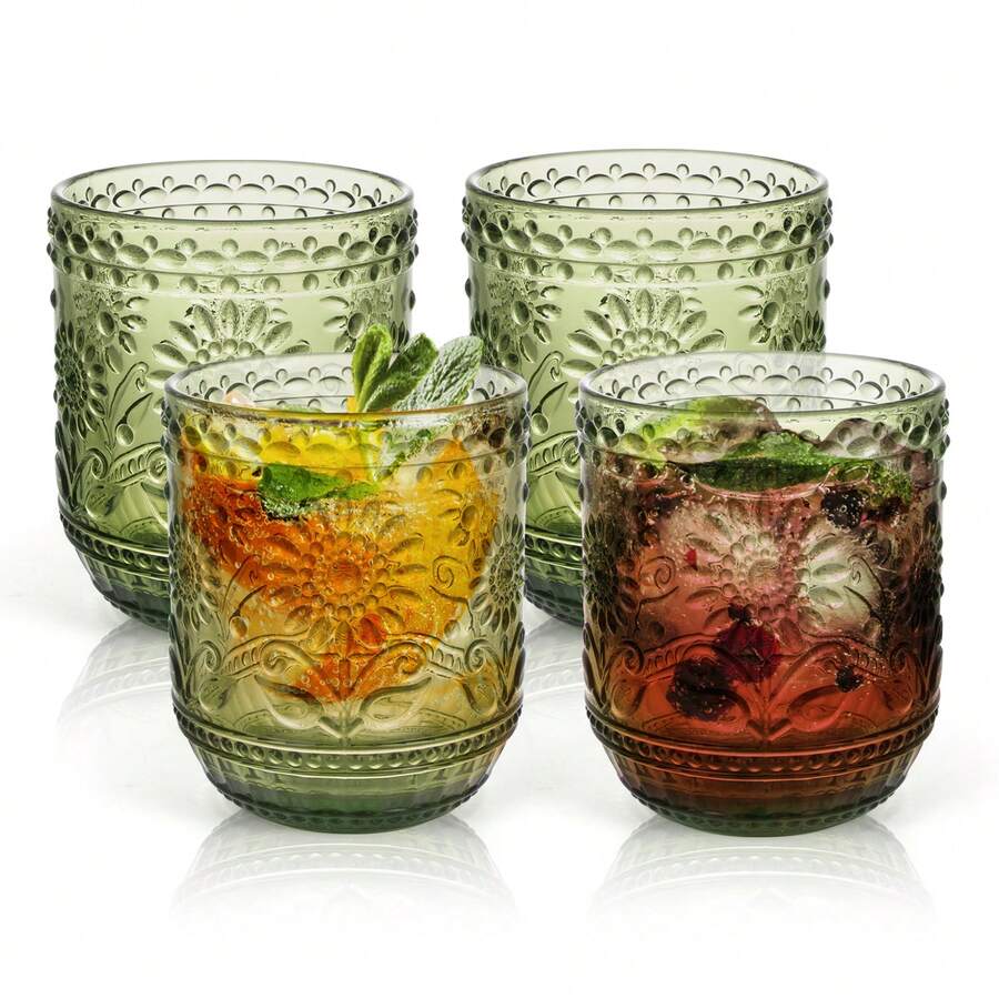 4 Pack Vintage Tumblers, 12 Oz Embossed Floral Glasses, Heavy Duty Colored Glassware For Whisky Beer Juice Cocktail, Drinking Cup Set - màu xanh lá - Xem 1