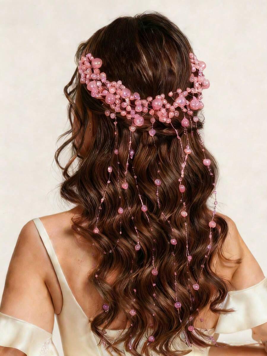 1 chiếc lược cài tóc tua rua đính ngọc trai thủ công, phụ kiện trang nhã cho đám cưới, tiệc tùng, kiểu tóc cô dâu - Màu tím hoa cà - Xem 1