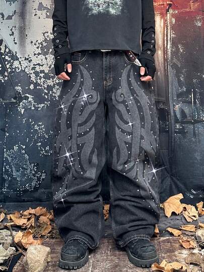 1pc Men's Fashion Rhinestone Embellished Jeans | Loose Straight Washed Denim | Y2K Streetwear Style | Multiple Sizes (Belt And Accessories Not Included)
