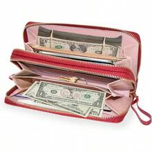 Cartera Mujer Gran Capacidad Cartera de Cuero 8 Ranura para Tarjeta Carteras de Dama para Dinero en Efectivo y Monedas y Tarjetas Billetera Doble con Correa de Muñeca para Viaje Largo Rojo - Rojo - Ver 3