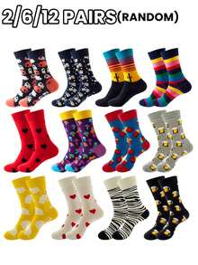 2/6/12 Pairs Random Fashionable Versstile Creative AB Asymmetrical High Top Socks With Cartoon Animal, Tool, And Character Patterns