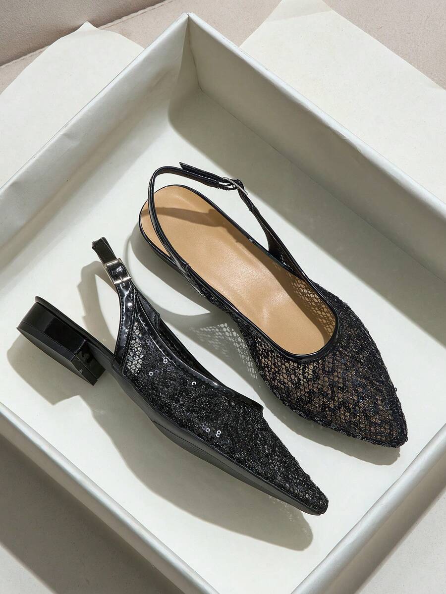 女士时尚网面凉鞋，透气百搭中跟尖头亮片粗跟无后跟绑带优雅包头凉鞋，不累脚 - 黑色 - 查看 1