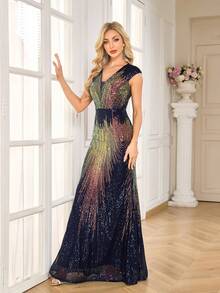 CEILIM Luxury Party Sequin Sexy Tank Dress With Unique Triangular Mesh Neckline And Floor-Length Evening Gown - Navy Blue - View 3