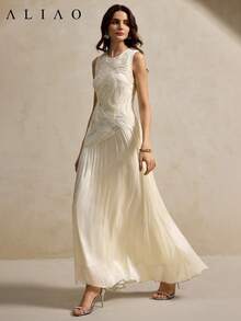 Aliao 优雅 3D 激光切割腰线无袖背心斜开衩长裙，欧式风格，波西米亚复古风，单身派对，返校季，假日装扮，派对礼服，舞会礼服，做工精良，夏季女装，复活节，锐舞音乐节装扮，演唱会女装，早午餐女装，婚礼宾客礼服，波西米亚风 - 杏色 - 查看 4