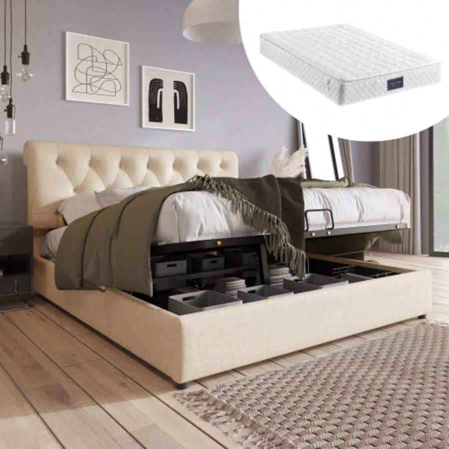 (=798075AAN)Hydraulisch Doppelbett Polsterbett 160x200cm,Verstellbares Kopfteil, Bett mit Lattenrost aus Metallrahmen, Modernes Bettgestell mit Stauraum, Natürlich, Inklusive Matratze - Caqui - Ver 1