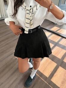 EARO Chic Chân váy mini xếp ly cạp cao màu đen bằng vải nhung kẻ dành cho nữ, kiểu dáng sinh viên, phong cách vintage mặc hàng ngày - màu đen - Xem 5