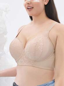 Plus Size Beige Lace Underwire Bra With Supportive Underwire, Comfortable Wide Straps, Lifting And Shaping Design, Breathable For Everyday Wear - Beige - View 10