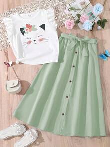 Tween Girl Cartoon Print Ruffle T-Shirt And Buckle Front Skirt 2-Piece Set - Green - View 1