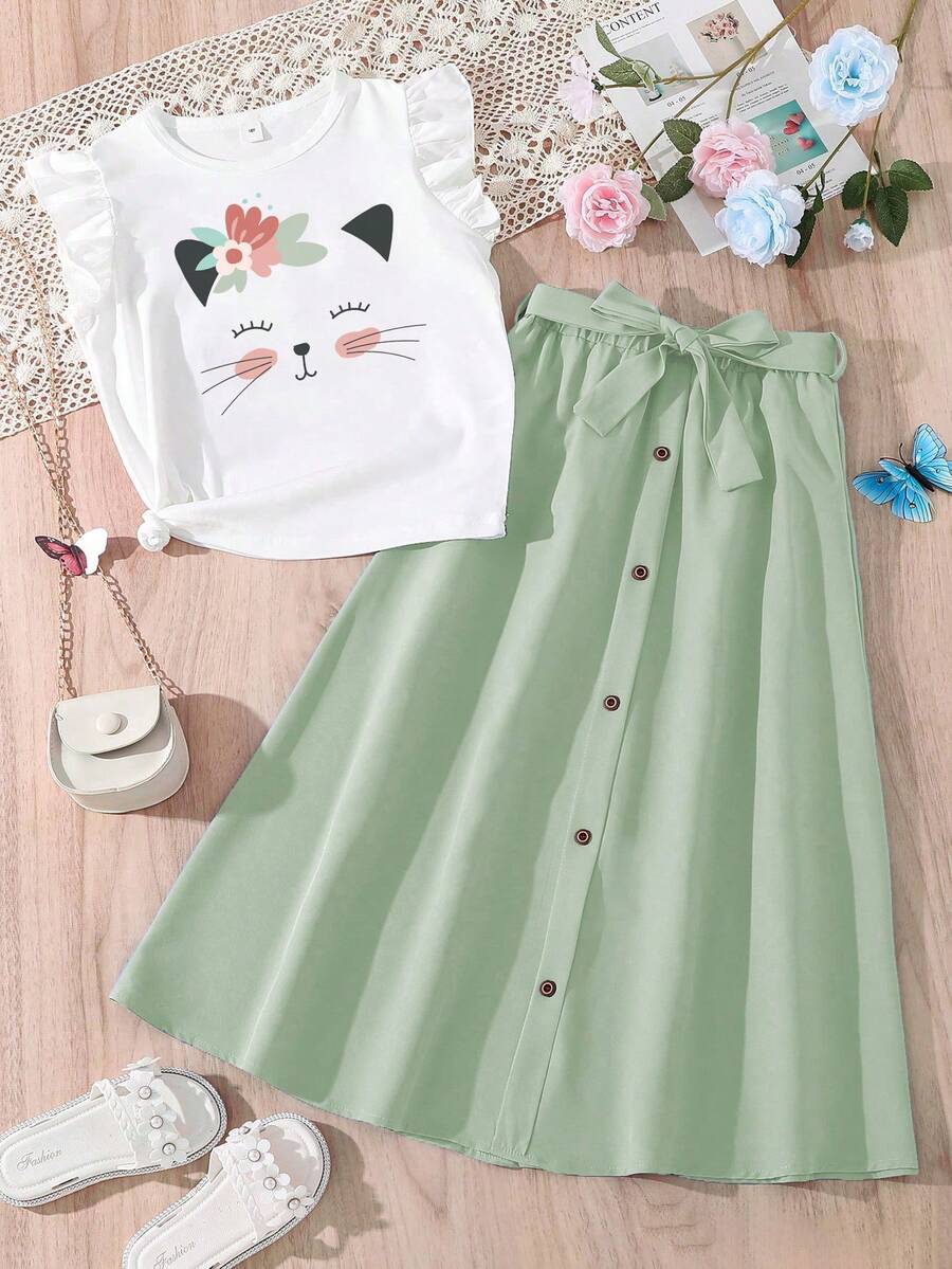 Tween Girl Cartoon Print Ruffle T-Shirt And Buckle Front Skirt 2-Piece Set - Green - View 1