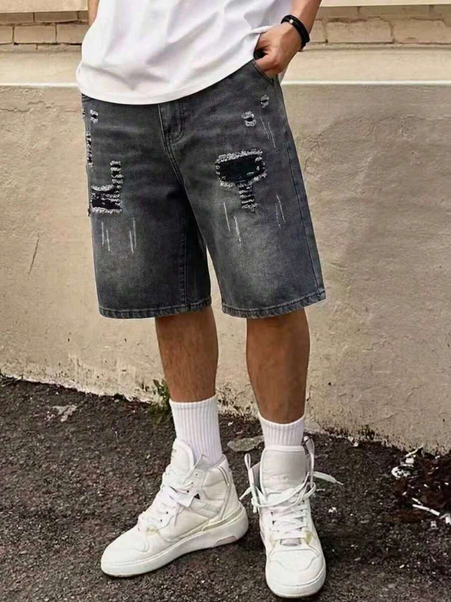 Tween Boy Fashionable Distressed Denim Shorts, Suitable For Summer Outings - Dark Grey - View 1