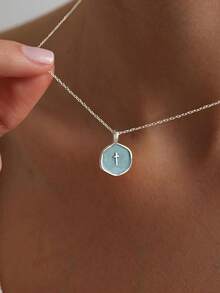 Women's Petite Cross Necklace, Delicate Silver Cross Pendant Necklace, Cute Small Cross Choker, Minimalist Cross Charm Necklace, Simplistic Religious Jewelry, Lovely Gift, Christian Gift, Suitable For Women And Teens, Wearable Year-Round, Also Suitable For Christmas - Silver Blue Base With Oil-dropped Cross - View 12