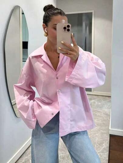 Women's Classic Pink Oversized Cuff Shell Button Shirt