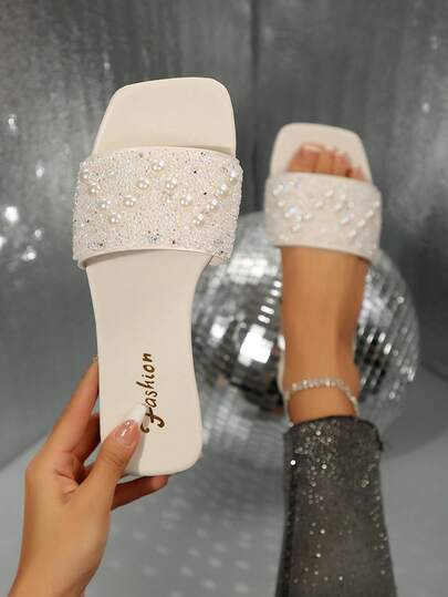 Plus Size Women's Fashion Slip-On Sandals, Flat Peep Toe Slides With Pearl Decor, Comfortable Casual Slippers For Summer Beach, Suitable For Ramadan