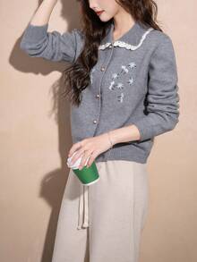 Alicedudu Women's Spring Embroidered Casual Design Turndown Collar Knit Cardigan Sweater - Light Grey - View 3