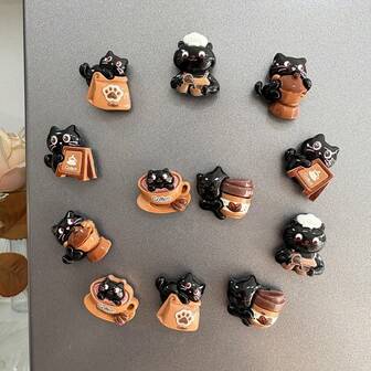 可爱黑猫咖啡冰箱贴 - 3D树脂冰箱贴纸，适用于橱柜、办公桌，强力磁性装饰