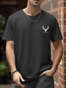男士休闲百搭简约鹿头及英文标语印花短袖T恤 - 黑色 - 查看 3