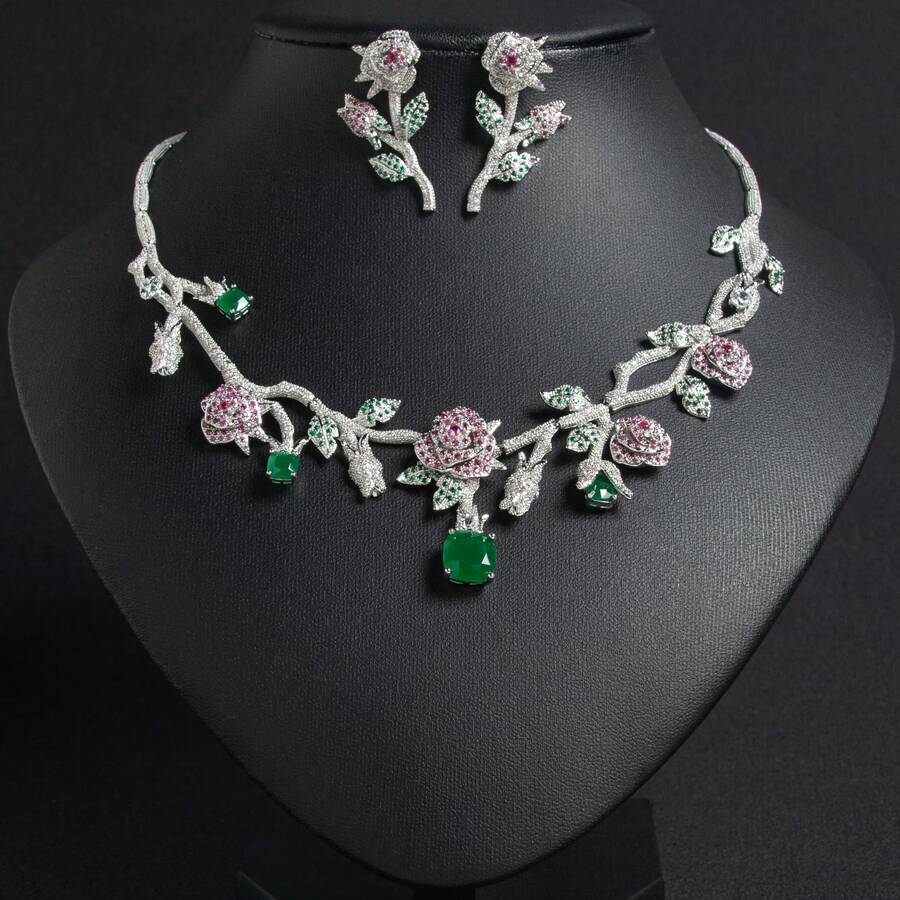 1 Set Women's Fashion Jewelry Set | Zirconia Inlaid | Rose | Necklace, Earrings Suitable For Women/Bride/Bridesmaid/Festival/Party/Wedding/Banquet | Gift - Jewelry Set - View 1