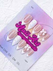 10片/套 手工杏仁形Y2K坏女孩风格美甲贴片，白色和银色不对称液态金属，猫眼渐变设计，适合派对、婚礼、日常佩戴，包含工具包，是送给女性和女孩的绝佳美甲礼物 - 白色 - 查看 3