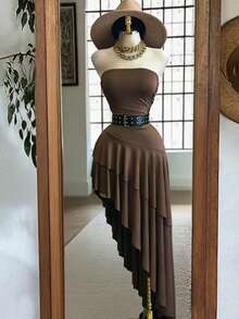 Women's Casual Ruffled Hem Asymmetric Hem Sleeveless Bodycon Dress, Elegant & Versatile, Spring/Summer - Brown - View 2
