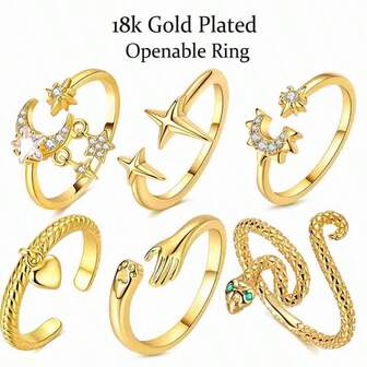 1 ชิ้น แหวนเปิดได้ชุบทอง 18K สำหรับผู้หญิง สไตล์รวมถึง Moon Star Love Snake Design เครื่องประดับชุดลำลองประจำวันที่เหมาะสำหรับวันวาเลนไทน์และวันนักบุญแพทริก