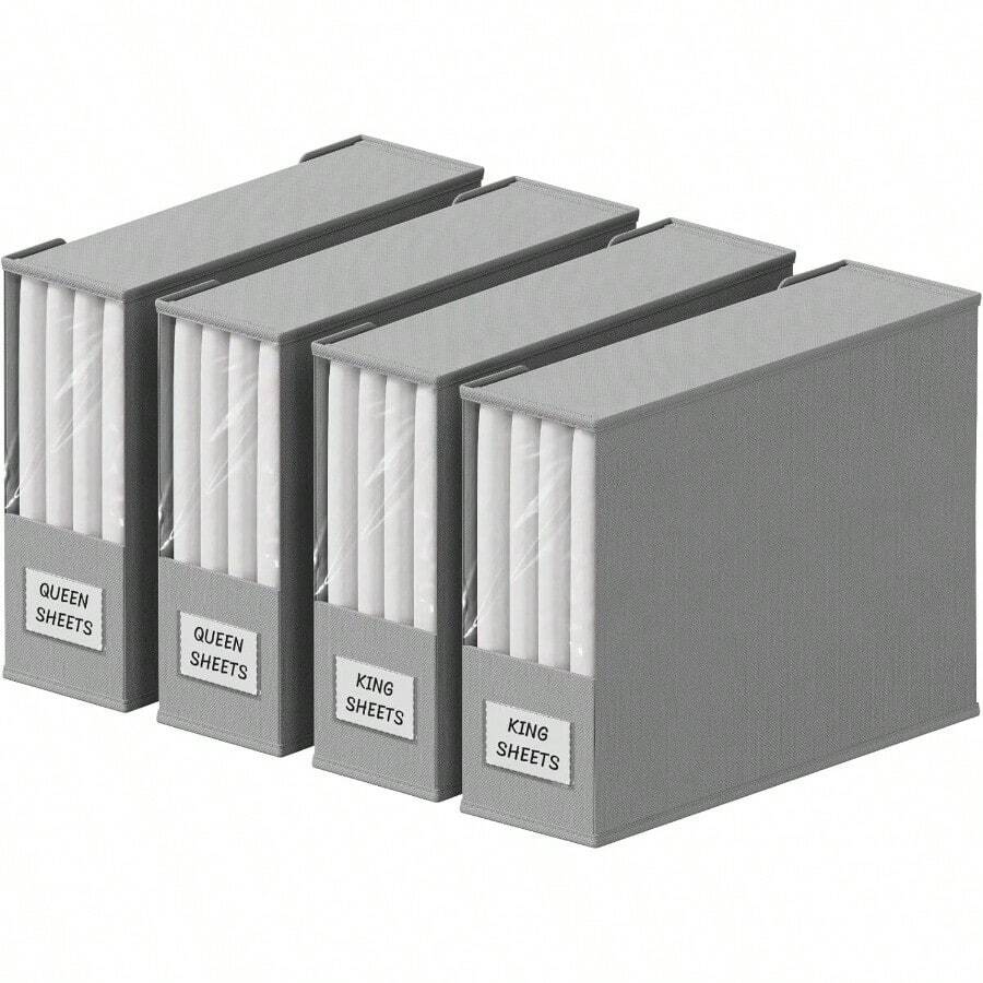 Lifewit Organizador de ropa de cama de 4 unidades cajas de almacenamiento plegables organizador de armario de tela con tapas ventana transparente y etiqueta para sábanas juego de funda de edredón - GrisClaro - Ver 1