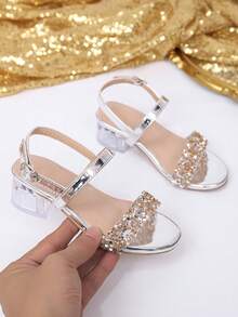 1双女童高跟凉鞋，时尚金属扣连衣裙靴，百搭水晶鞋，公主鞋，适合大龄女孩外出、聚会、旅行、拍照和日常穿着 - 銀色 - 查看 3