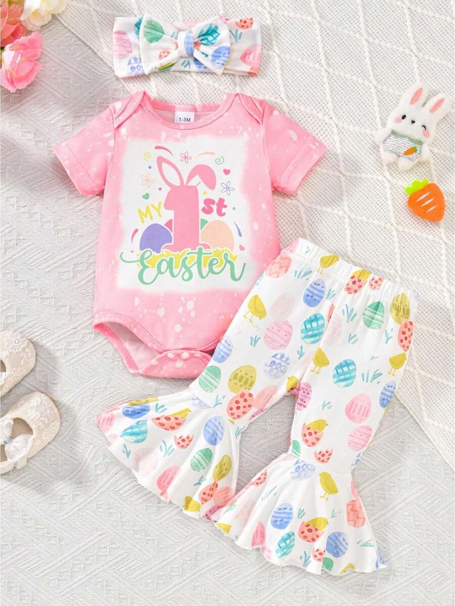 Baby Girl Easter Outfit Short Sleeve Romper Egg Print Flare Pants Bow Headband 3 Pcs Set - 粉色 - 查看 1