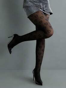 大码女士黑色“漂浮爱心”半透明连裤袜/紧身裤，浪漫优雅，散发低调魅力 - 黑色 - 查看 4