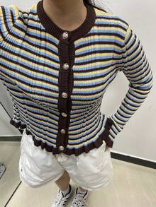 MORI Contrast Stripe Round Neck Metal Button Long Sleeve Knit Cardigan For Women, Spring/Summer New Arrival, Fashion Elegant Versatile Commuter Jacket, Daily Casual Ruffle Hem Carnival Top - Multicolor - View 8