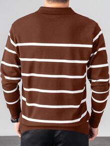 Long Sleeve Striped Airplane Collar Knit Sweater - Brown - View 3