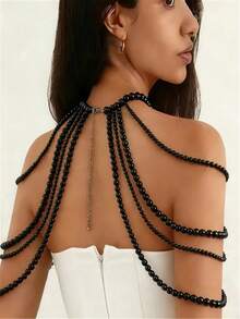 1pc European & American Fashion Sexy Elegant Multi-Layer Faux Pearl Tassel Shoulder Chain Necklace, Dress Accessory Body Chain Chest Chain - STLH031 - View 1