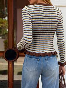 MORI Contrast Stripe Round Neck Metal Button Long Sleeve Knit Cardigan For Women, Spring/Summer New Arrival, Fashion Elegant Versatile Commuter Jacket, Daily Casual Ruffle Hem Carnival Top - Multicolor - View 5