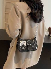 Y2K Style Retro Shoulder Bag For Women, Color Block Crossbody Star Chain Purse Small Bag For Girls, Ladies, Students, Young Professionals, Office Workers, Commuters, School Outings, Stars Hollow Women Bag, 2000s Fashion Style Bag For Women, Halloween/Christmas/New Year Purse Perfect For Fancy Party Halloween//Christmas/New Year  Fashion & Gothic Fashion, Best Halloween/Christmas/New Year  Gifts For Women - màu đen - Xem 8