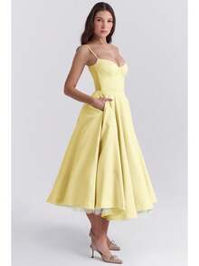 Vestidos Elegantes De Mujer,Women's Elegant Double-Layered Dress With A Full Skirt - 黃色 - 查看 4