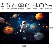 1 pieza Telón de fondo decorativo con tema de cohete y astronauta del espacio exterior, (210 x 150/180 x 135/150 x 100/100 x 70 cm) Decoración de fiesta de cumpleaños con planeta, galaxia y universo para mesa de pastel, fotografía y photobooth, suministros para fiestas - Multicolor - Ver 13