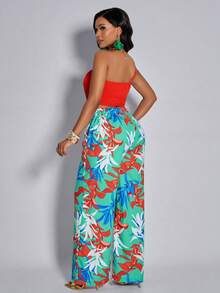 女士性感优雅红色露肩短款上衣搭配绿色热带印花高腰阔腿裤两件套度假沙滩派对服装 - 橘紅色 - 查看 2