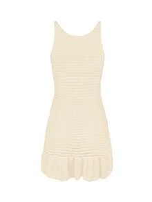 Women's Casual Sexy Hollow Out Sheer Beach Vacation Knit Sleeveless Ruffle Trim Crop Top & Mini Dress Set - Apricot - View 8