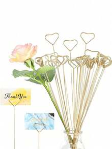 20pcs Metal Flower Bouquet Card Holders, Gold Heart Flower & Photo Clip Stands, Card Message Flower Bouquet Holders, Suitable For Weddings, Birthday Parties - Gold - View 2