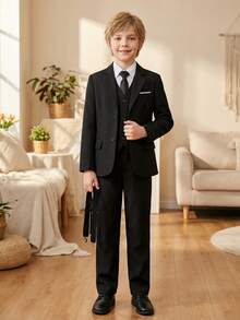 8 Piece Boys Tuxedo Set, Includes Tailcoat, Formal Suit, Pageboy Outfit, Wedding Suit Jacket, Vest, Pants And Tie, Black, Size 8 - Black - View 4