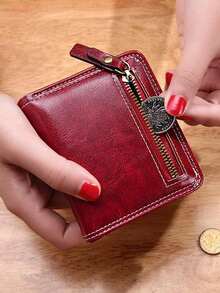 Short Clover Small Wallet For Women, Thin Multi-Card Slots Fold-Over Large Capacity Leather Coin Purse, Card Case - Burgundy - View 2