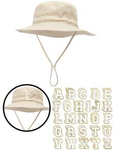 1 pieza Sombrero de cubo tricolor con cordón ajustable para niñas, incluye 26 piezas de pegatinas bordadas con letras autoadhesivas, sombrero de ala ancha de algodón transpirable para protección solar, decoración de letras DIY, adecuado para actividades al aire libre de primavera/verano - Beis - Ver 54