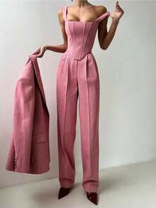 Elegant Minimalist Woolen Three-Piece Suit Set For Women, Button-Up Blazer Coat, Long Coat And Pants Business Casual Fall Winter Outfit, With A Belt - 粉色 - 查看 3