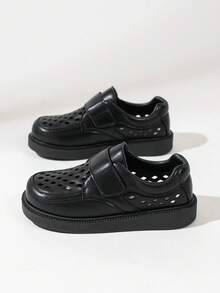 Boys' Soft Bottom Black Leather Dress Shoes, British Style Student Shiny Breathable Hollow Shoes For Spring & Autumn - Black - View 2