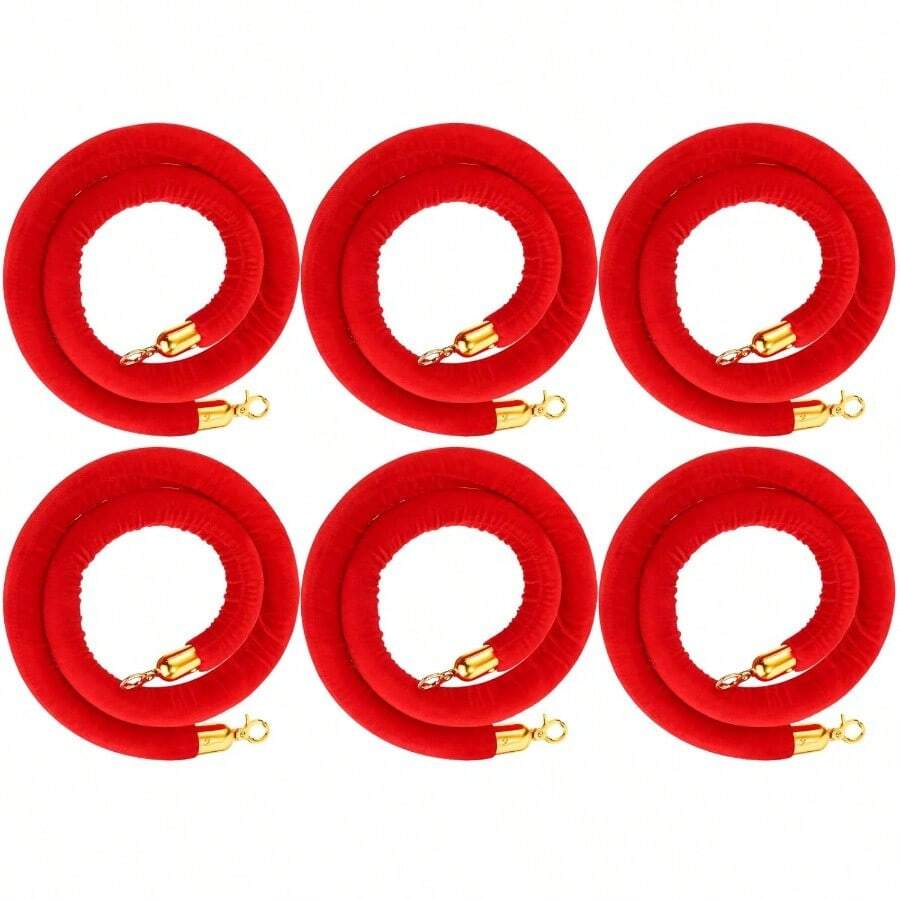 6 Pack Veet Stanchion Rope 5 Feet Crowd Control Stanchion Ropes Safety Barrier With Gold Plated Hook For Carpet Events Movie Theaters Grand Openings Hotels Party Red - 紅色 - 查看 1