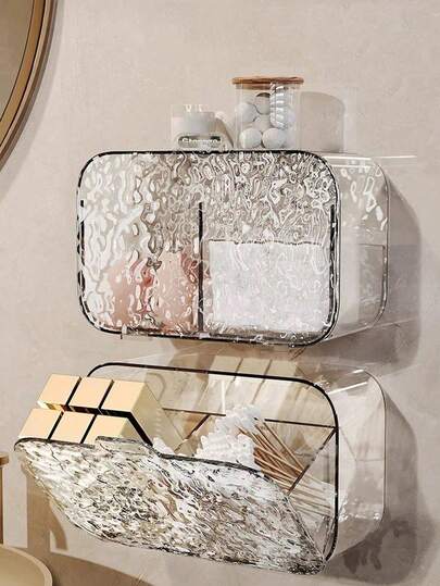 1pc Wall-Mounted Storage Rack, Bathroom Storage Box, Dust-Proof Lipstick Storage Box, No-Drill Cotton Swab Rack, Hair Band & Bathroom Accessory Storage Box, Home Use, Specially Designed For Semi-Open Toilet Paper Storage, Bathroom Storage Jar