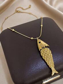 1Pc Shiny Gold Snake Chain Necklace With Textured Fish Pendant - 3D Scaled Fish Design, Lucky Nautical Jewelry For Daily Casual Stylish Looks,Valentine's Day Gift, Unisex - Multicolor - View 5