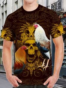 Plus Size Men'S 3D Skull Print Shirt - Short Sleeve, Round Neck, Casual Streetwear, Featuring Vibrant Roosters And Geometric Designs, Made From Comfortable Fabric, Suitable Casual Wear, Skull Shirt. - 混合色 - 查看 2